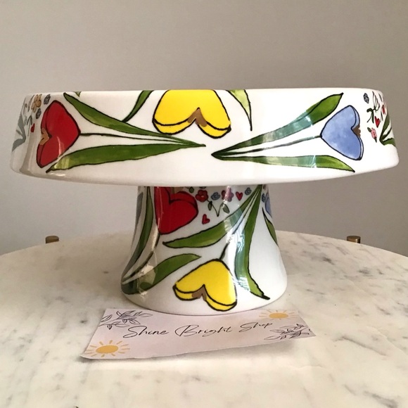 Anthropologie Mud Fairy Blooming Hearts Cake Stand Glazed Stoneware Floral NWT - Picture 7 of 11